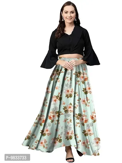 Rudra Fashion Women's Ready to Wear Silk Blend Solid Black Top with Rayon Long Light Green Skirt Size:-M