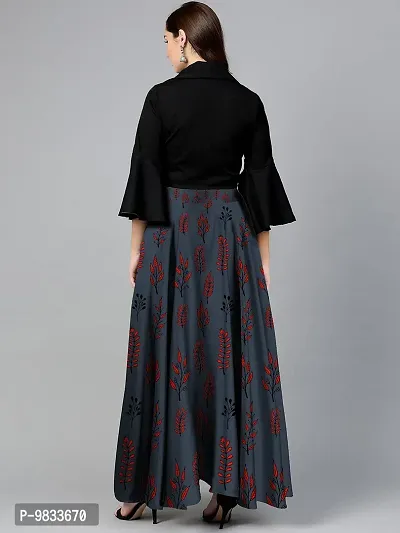 Rudra Fashion Women's Ready to Wear Silk Blend Solid Black Top with Rayon Long Black Skirt Size:-XL-thumb3