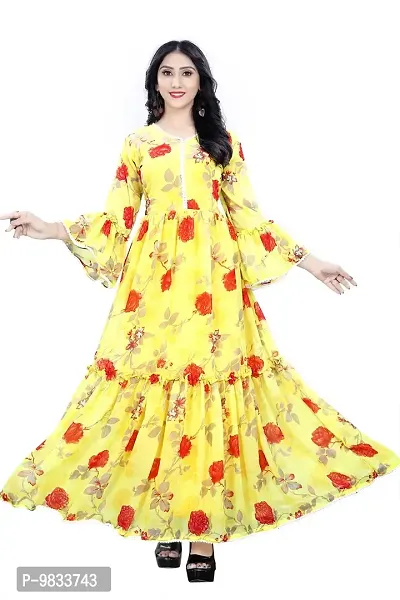 RUDRA FASHION MART Women's Gown Maxi Long Dress, Latest Georgette Long Ethnic Anarkali Gown for Women and Girls (XX-Large, Yellow)