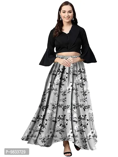 Rudra Fashion Women's Ready to Wear Silk Blend Solid Black Top with Rayon Long Grey Skirt Size:-XL