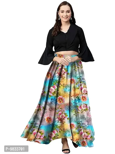 Rudra Fashion Women's Ready to Wear Silk Blend Solid Black Top with Rayon Long Multicolored Skirt Size:-L