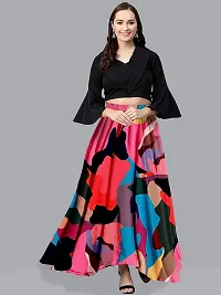 Rudra Fashion Women's Ready to Wear Silk Blend Solid Black Top with Rayon Long Multicolored Skirt Size:-XL-thumb1