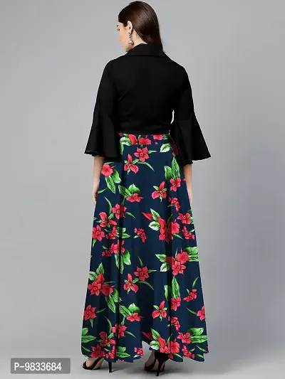 Rudra Fashion Women's Ready to Wear Silk Blend Solid Black Top with Rayon Long Black & Green Skirt Size:-M-thumb2