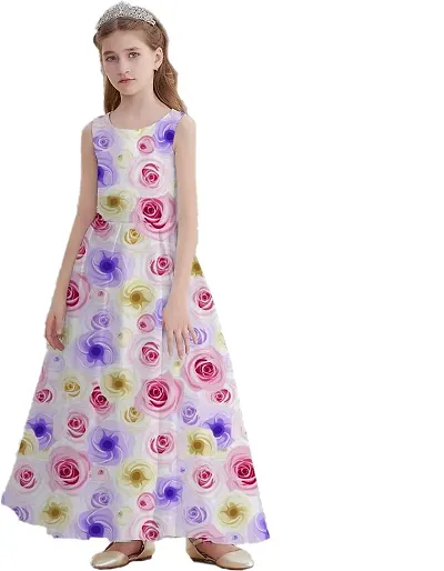 RUDRA FASHION MART Premium Soft Poly Silk Flower Girl Dress Dance Party Maxi Gown Ethnic Sleeveless Top Wear Kurta Floral Printed for Kids