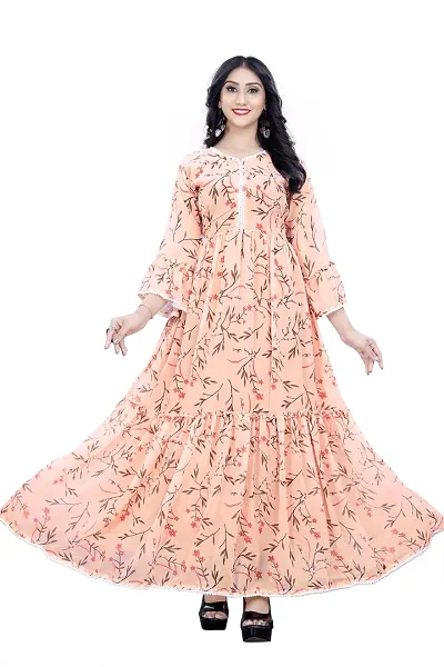 Trendy Gown Maxi Long Dress, Latest Georgette Long Ethnic Anarkali Gown for Women and Girls (Medium, Peach)