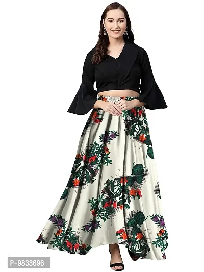 Rudra Fashion Women's Ready to Wear Silk Blend Solid Black Top with Rayon Long Multicolored Skirt Size:-L-thumb0