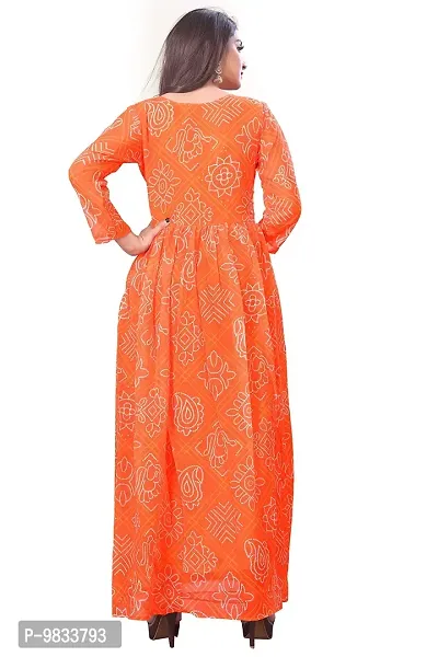 Rudra Fashion Mart Bandhani Women Georgette Printed Anarkali Kurta, Long Kurti Women Top Dress (Medium, Orange)-thumb3