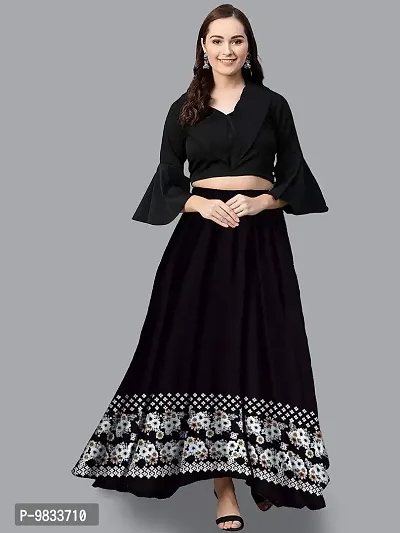 Rudra Fashion Women's Ready to Wear Silk Blend Solid Black Top with Rayon Long Black Skirt Size:-L-thumb3