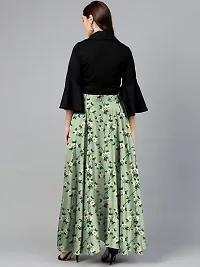 Rudra Fashion Women's Ready to Wear Silk Blend Solid Black Top with Rayon Long Green Skirt Size:-L-thumb1