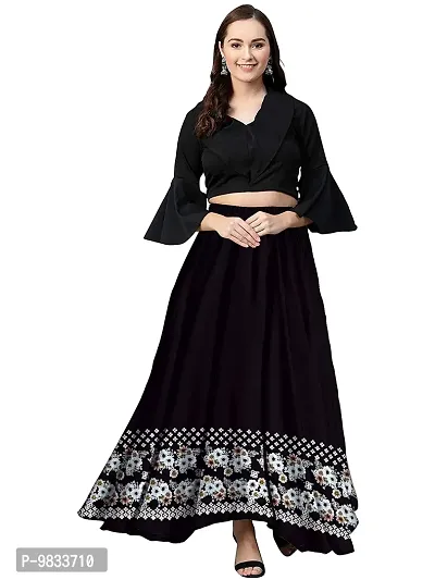 Rudra Fashion Women's Ready to Wear Silk Blend Solid Black Top with Rayon Long Black Skirt Size:-L-thumb0