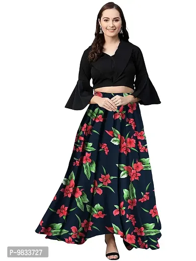 Rudra Fashion Women's Ready to Wear Silk Blend Solid Black Top with Rayon Long Black & Green Skirt Size:-L