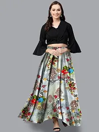 Rudra Fashion Women's Ready to Wear Silk Blend Solid Black Top with Rayon Long Multicolored Skirt Size:-XL-thumb2