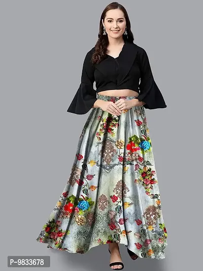 Rudra Fashion Women's Ready to Wear Silk Blend Solid Black Top with Rayon Long Multicolored Skirt Size:-XL-thumb3