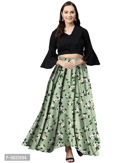 Rudra Fashion Women's Ready to Wear Silk Blend Solid Black Top with Rayon Long Green Skirt Size:-L-thumb0