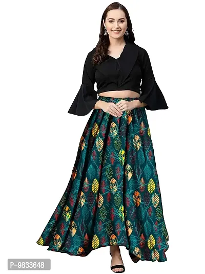 Rudra Fashion Women's Ready to Wear Silk Blend Solid Black Top with Rayon Long Green Skirt Size:-L
