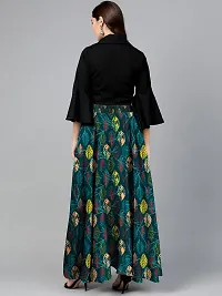 Rudra Fashion Women's Ready to Wear Silk Blend Solid Black Top with Rayon Long Green Skirt Size:-L-thumb2