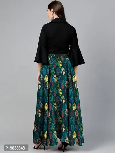 Rudra Fashion Women's Ready to Wear Silk Blend Solid Black Top with Rayon Long Green Skirt Size:-L-thumb3