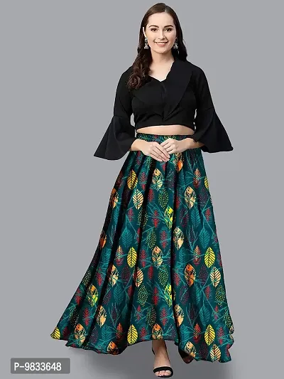 Rudra Fashion Women's Ready to Wear Silk Blend Solid Black Top with Rayon Long Green Skirt Size:-L-thumb2