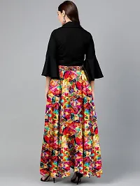 Rudra Fashion Women's Ready to Wear Silk Blend Solid Black Top with Rayon Long Multicolored Skirt Size:-L-thumb2