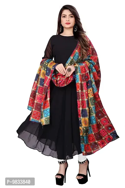 Rudra Fashion Mart Women Anarkali Long Solid Black Kurti Gown With Printed Dupatta Kurta, Latest Georgette Long Ethnic Gown Top Dress For Women And Girls-thumb0