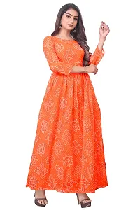 Rudra Fashion Mart Bandhani Women Georgette Printed Anarkali Kurta, Long Kurti Women Top Dress (Medium, Orange)-thumb1