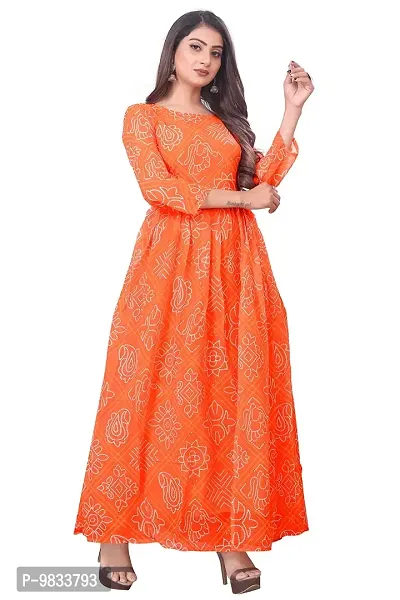 Rudra Fashion Mart Bandhani Women Georgette Printed Anarkali Kurta, Long Kurti Women Top Dress (Medium, Orange)-thumb2