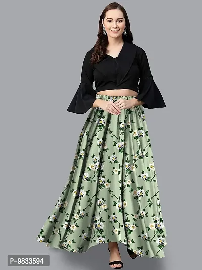 Rudra Fashion Women's Ready to Wear Silk Blend Solid Black Top with Rayon Long Green Skirt Size:-L-thumb3