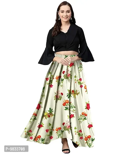 Rudra Fashion Women's Ready to Wear Silk Blend Solid Black Top with Rayon Long Light Green Skirt Size:-M