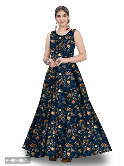 Rudra Fashion Mart Women Premium Moss Satin Kurti Long Kurta Dress Digital Printed Gown Anarkali Casual Kurti Sleevless Kurti For Women  Girls