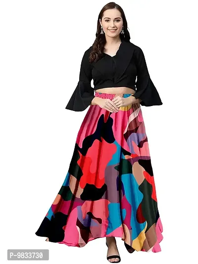 Rudra Fashion Women's Ready to Wear Silk Blend Solid Black Top with Rayon Long Multicolored Skirt Size:-XL-thumb0