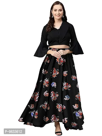Rudra Fashion Women's Ready to Wear Silk Blend Solid Black Top with Rayon Long Black Skirt Size:-L