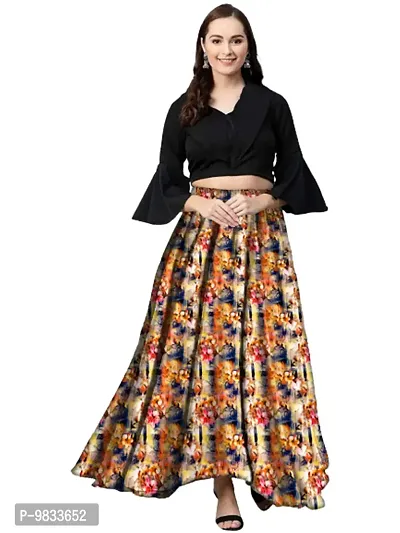 Rudra Fashion Women's Ready to Wear Silk Blend Solid Black Top with Rayon Long Multicolored Skirt Size:-L