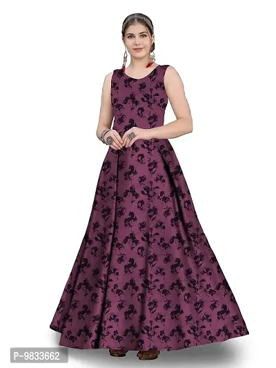 Rudra Fashion Mart Women Premium Moss Satin Kurti Long Kurta Dress Digital Printed Gown Anarkali Casual Kurti Sleevless Kurti For Women  Girls (Medium, Maroon)