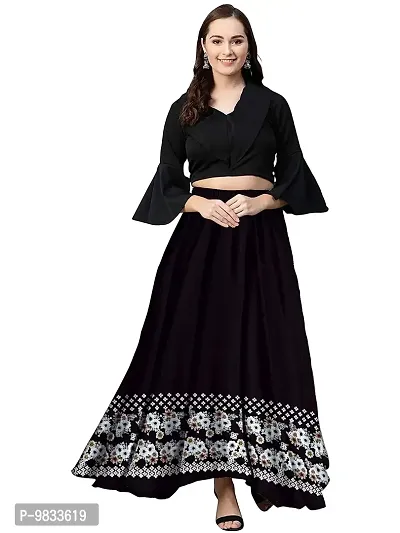 Rudra Fashion Women's Ready to Wear Silk Blend Solid Black Top with Rayon Long Black Skirt Size:-M