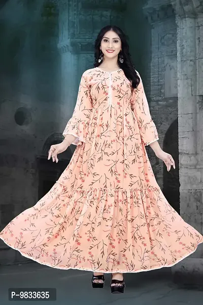 Trendy Gown Maxi Long Dress, Latest Georgette Long Ethnic Anarkali Gown for Women and Girls (Medium, Peach)-thumb2