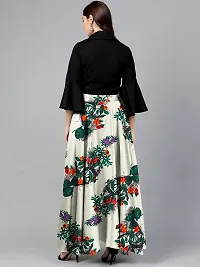 Rudra Fashion Women's Ready to Wear Silk Blend Solid Black Top with Rayon Long Multicolored Skirt Size:-L-thumb1