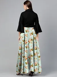 Rudra Fashion Women's Ready to Wear Silk Blend Solid Black Top with Rayon Long Light Green Skirt Size:-M-thumb1