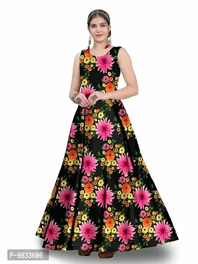 Rudra Fashion Mart Women Premium Moss Satin Kurti Long Kurta Dress Digital Printed Gown Anarkali Casual Kurti Sleevless Kurti For Women  Girls