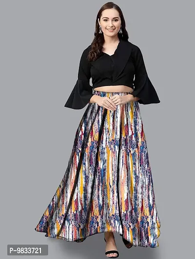 Rudra Fashion Women's Ready to Wear Silk Blend Solid Black Top with Rayon Long Multicolored Skirt Size:-XL-thumb3