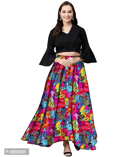 Rudra Fashion Women's Ready to Wear Silk Blend Solid Black Top with Rayon Long Pink Skirt Size:-XL