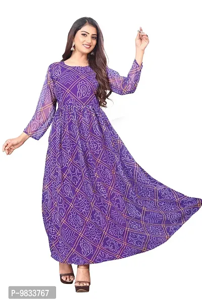 Rudra Fashion Mart Bandhani Women Georgette Printed Anarkali Kurta, Long Kurti Women Top Dress (X-Large, Purple)