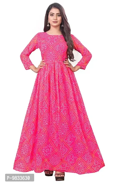 RUDRA FASHION MART Bandhani Women's Georgette Printed Anarkali Kurta, Long Kurti Women Top Dress (Medium, Pink)