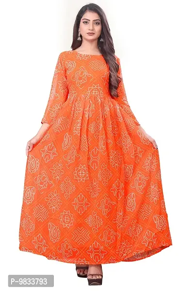 Rudra Fashion Mart Bandhani Women Georgette Printed Anarkali Kurta, Long Kurti Women Top Dress (Medium, Orange)-thumb0