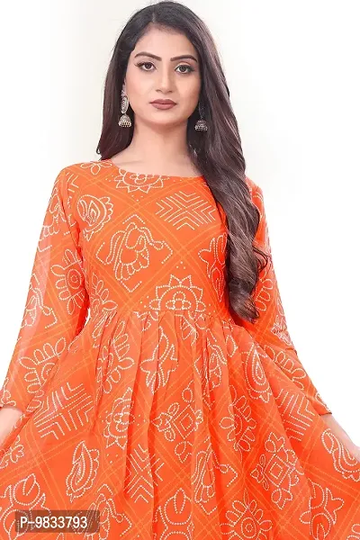 Rudra Fashion Mart Bandhani Women Georgette Printed Anarkali Kurta, Long Kurti Women Top Dress (Medium, Orange)-thumb4