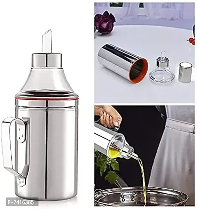 Stainless Steel Nozzle Oil Dispenser 1 Litre Silver | Oil Container | Oil Pourer | Oil Pot | Oil Can | Oil Bottle with Handle Set of 1-thumb0