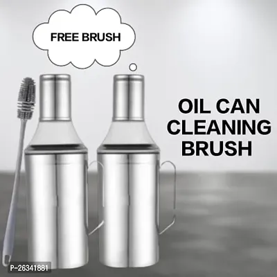 (BRUSH) , TOOFAN-OIL CAN PACK OF 2) Oil Can Stainless Steel Nozzle Oil Disoenser 1 Litre Silver | Oil Container | Oil Pourer | Oil Can | Oil Bottle with Handle With 1 Cleaning Brush. Pack of 2