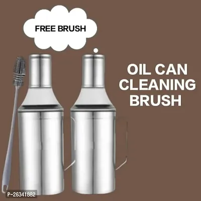 (BRUSH) , TOOFAN-OIL CAN PACK OF 2) Oil Can Stainless Steel Nozzle Oil Disoenser 1 Litre Silver | Oil Container | Oil Pourer | Oil Can | Oil Bottle with Handle With 1 Cleaning Brush. Pack of 2