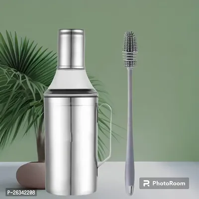 (BRUSH) , TOOFAN-OIL CAN PACK OF 1) Oil Can Stainless Steel Nozzle Oil Disoenser 1 Litre Silver | Oil Container | Oil Pourer | Oil Can | Oil Bottle with Handle With 1 Cleaning Brush. Pack Of 1
