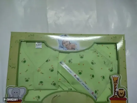 New Born Baby Gift Set of 5 Items, Green Open Half Sleeves Jhabla Vest, T-Shirts, Pyajama Pant, Cap, Towel, Handkerchief Gift Set for Infant Babies 0-12 Months-thumb0