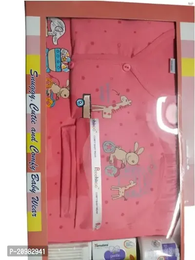 NewBorn Baby Gift Set of 7 Items, Open Half Sleeves Jhabla Vest, Orange Color Palka T-Shirts, Pyajama Pant, Cap, Towel, Handkerchief,Himalaya Powder, Soap and earbuds set for Infant Babies 0-12 Months-thumb0